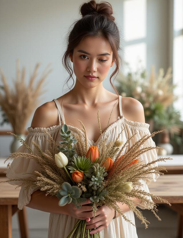 OasisBloom founder arranging a desert-themed floral bouquet in a bright studio